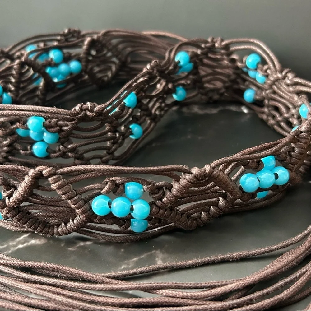 Vintage Artisan Brown and Blue Beaded Belt